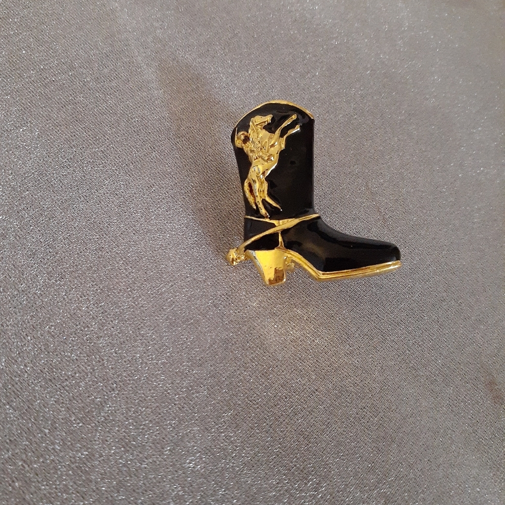 Black Cowboy Boot Pin with Cowboy Horse and Saddle Spur